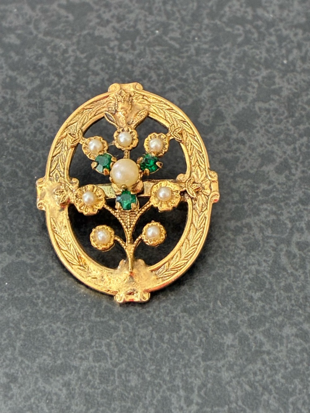Vintage Gold-Tone Floral Brooch with Pearls & Green Crystals